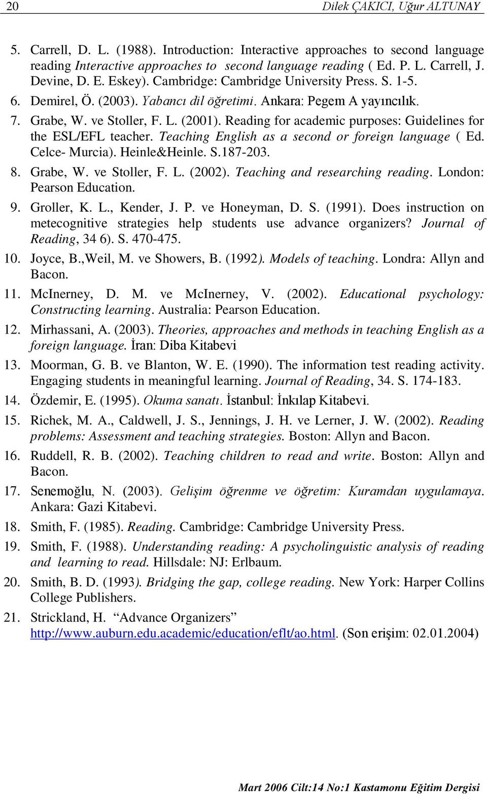 Reading for academic purposes: Guidelines for the ESL/EFL teacher. Teaching English as a second or foreign language ( Ed. Celce- Murcia). Heinle&Heinle. S.187-203. 8. Grabe, W. ve Stoller, F. L.