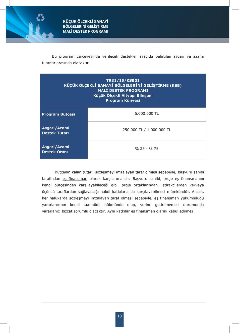 000 TL Asgari/Azami Destek Tutarı 250.000 TL / 1.000.000 TL Asgari/Azami Destek Oranı % 25 - % 75 Bütçenin kalan tutarı, sözleşmeyi imzalayan taraf olması sebebiyle, başvuru sahibi tarafından eş finansman olarak karşılanmalıdır.