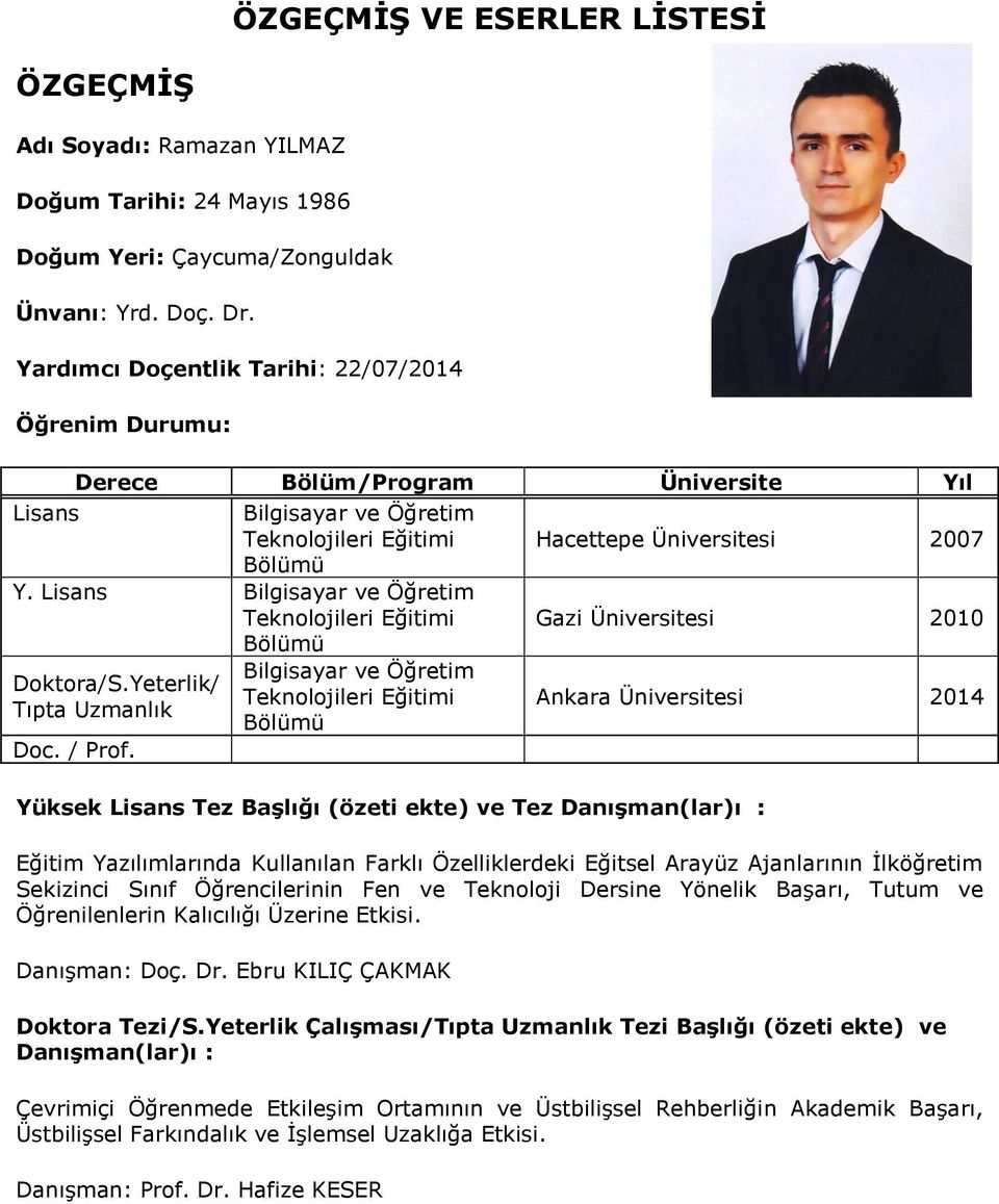 Lisans Bilgisayar ve Öğretim Teknolojileri Eğitimi Gazi Üniversitesi 2010 Bölümü Bilgisayar ve Öğretim Doktora/S.Yeterlik/ Teknolojileri Eğitimi Tıpta Uzmanlık Bölümü Ankara Üniversitesi 2014 Doc.