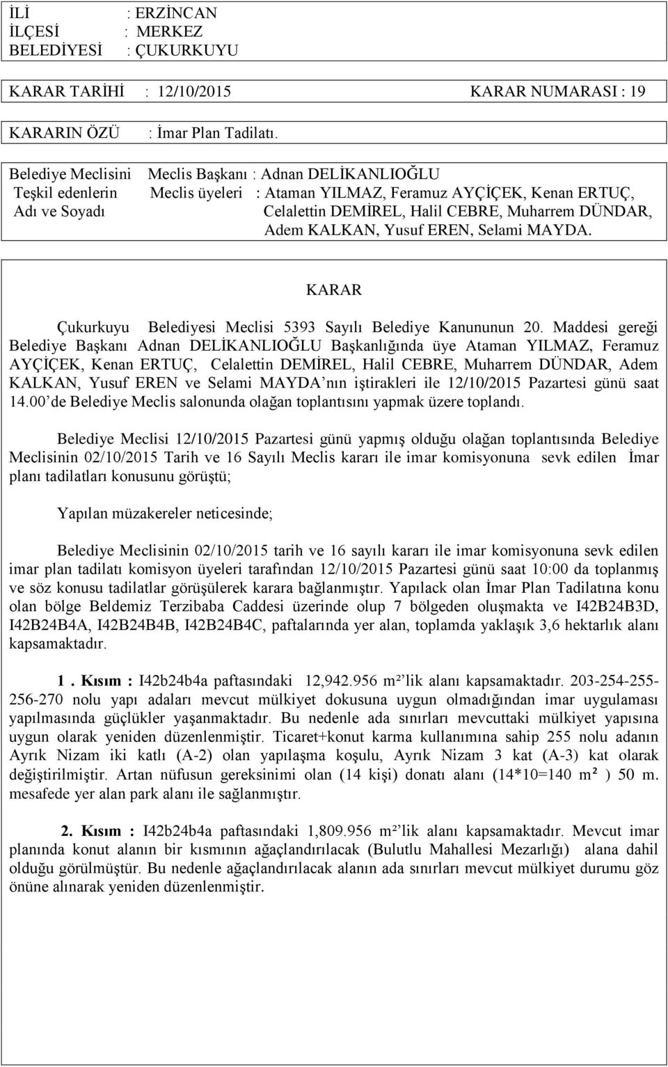 Meclisinin 02/10/2015 Tarih ve 16 Sayılı Meclis kararı ile imar komisyonuna sevk edilen İmar planı tadilatları konusunu görüştü; Belediye Meclisinin 02/10/2015 tarih ve 16 sayılı kararı ile imar