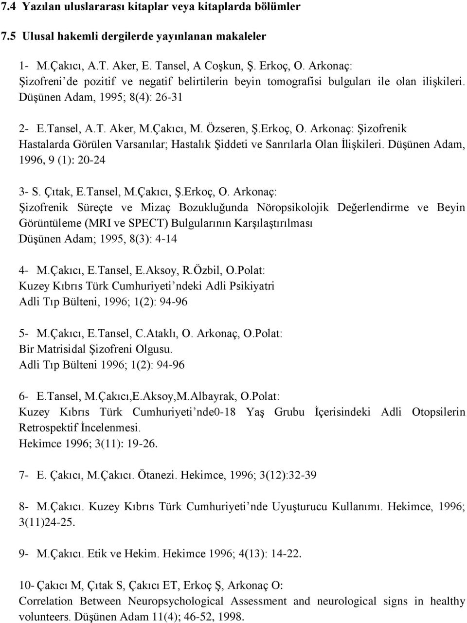 Arkonaç: Şizofrenik Hastalarda Görülen Varsanılar; Hastalık Şiddeti ve Sanrılarla Olan İlişkileri. Düşünen Adam, 1996, 9 (1): 20-24 3- S. Çıtak, E.Tansel, M.Çakıcı, Ş.Erkoç, O.