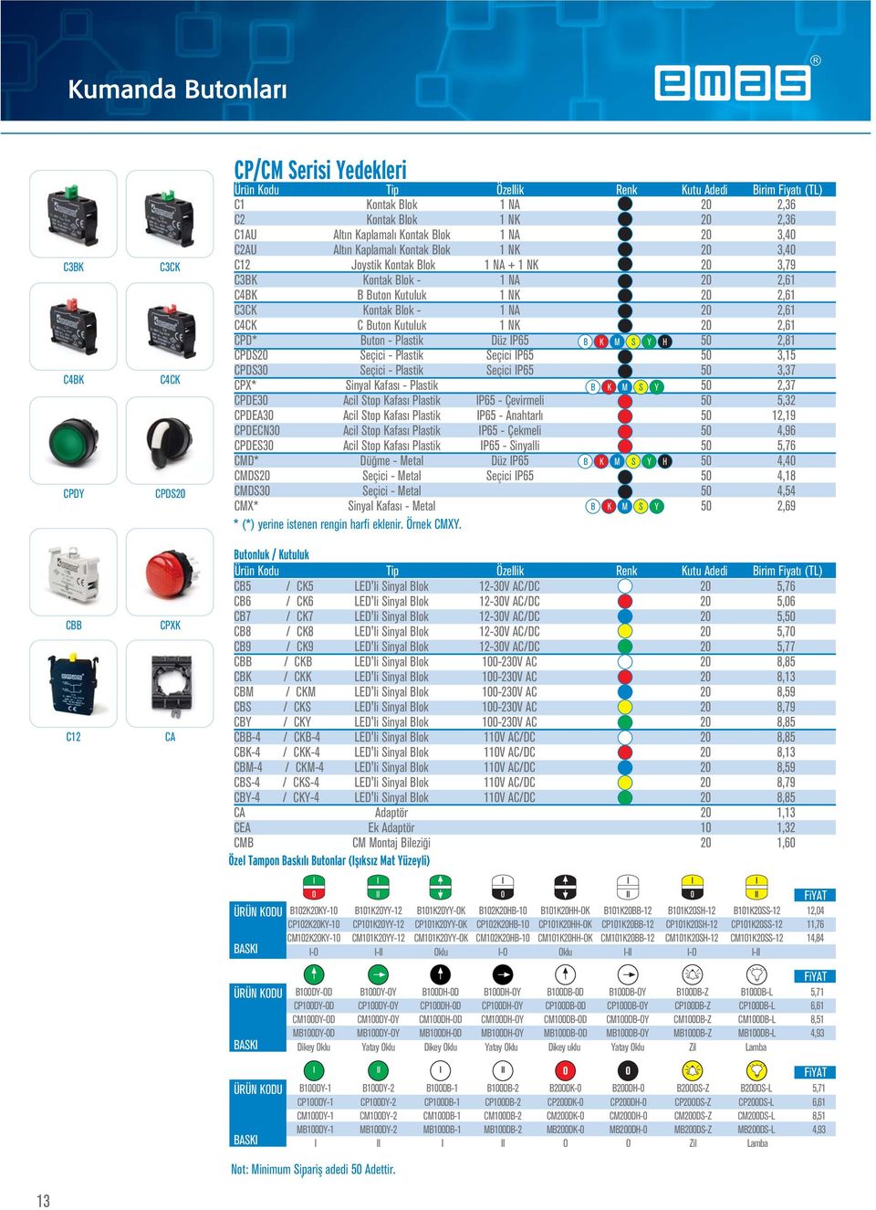 2,61 C3CK Kontak Blok - 1 NA 20 2,61 C4CK C Buton Kutuluk 1 NK 20 2,61 CPD* Buton - Plastik Düz IP65 B K M S Y H 50 2,81 CPDS20 Seçici - Plastik Seçici IP65 50 3,15 CPDS30 Seçici - Plastik Seçici