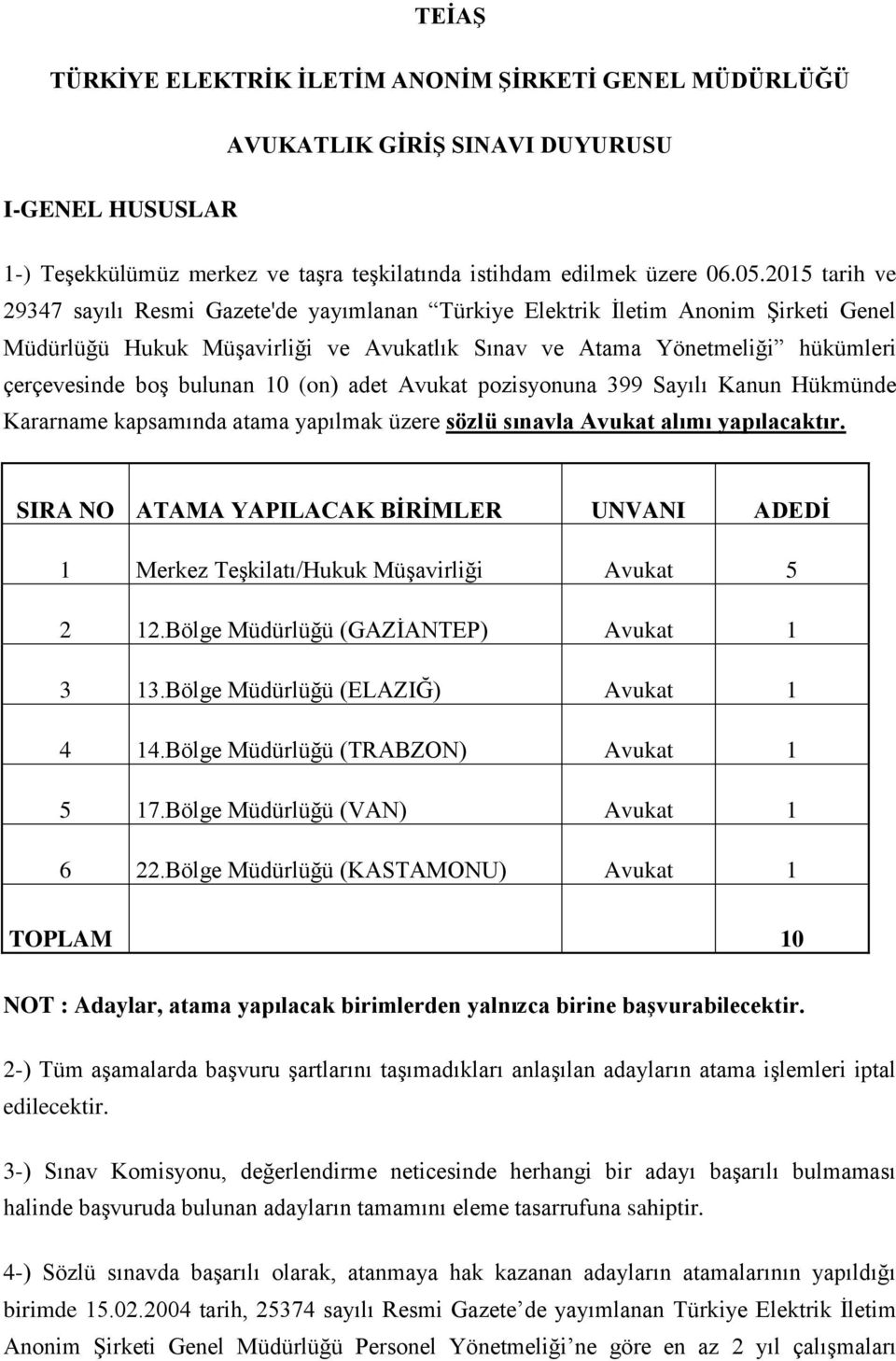 bulunan 10 (on) adet Avukat pozisyonuna 399 Sayılı Kanun Hükmünde Kararname kapsamında atama yapılmak üzere sözlü sınavla Avukat alımı yapılacaktır.