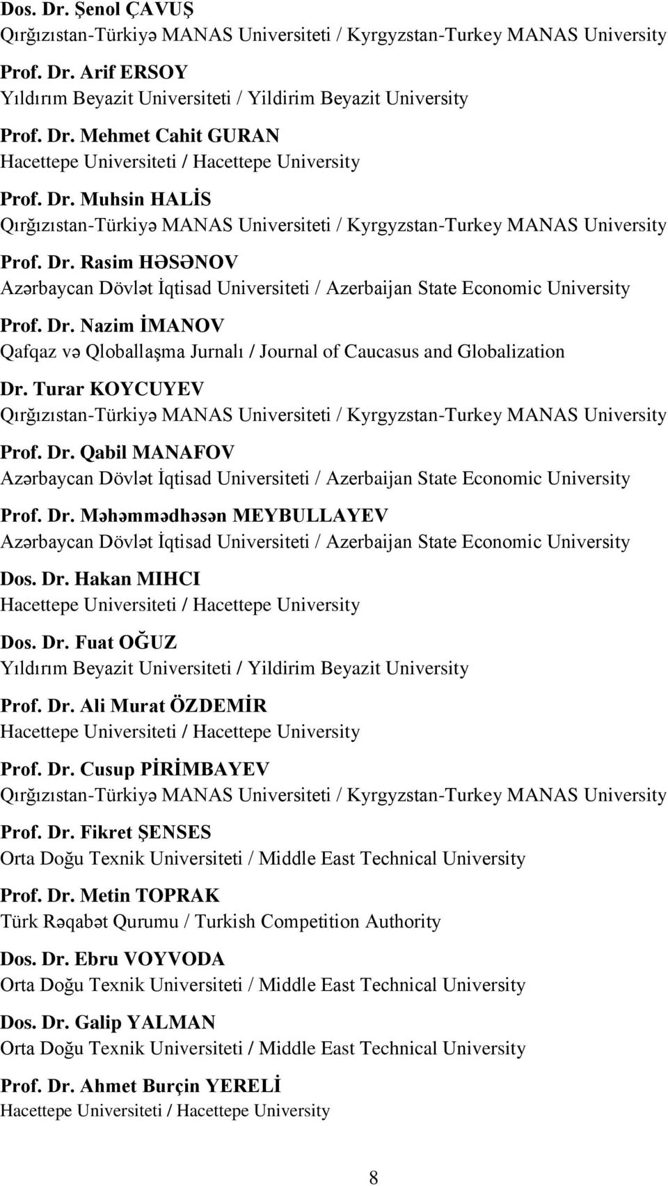 Dr. Nazim İMANOV Qafqaz və Qloballaşma Jurnalı / Journal of Caucasus and Globalization Dr. Turar KOYCUYEV Qırğızıstan-Türkiyə MANAS Universiteti / Kyrgyzstan-Turkey MANAS University Prof. Dr. Qabil MANAFOV Azərbaycan Dövlət İqtisad Universiteti / Azerbaijan State Economic University Prof.