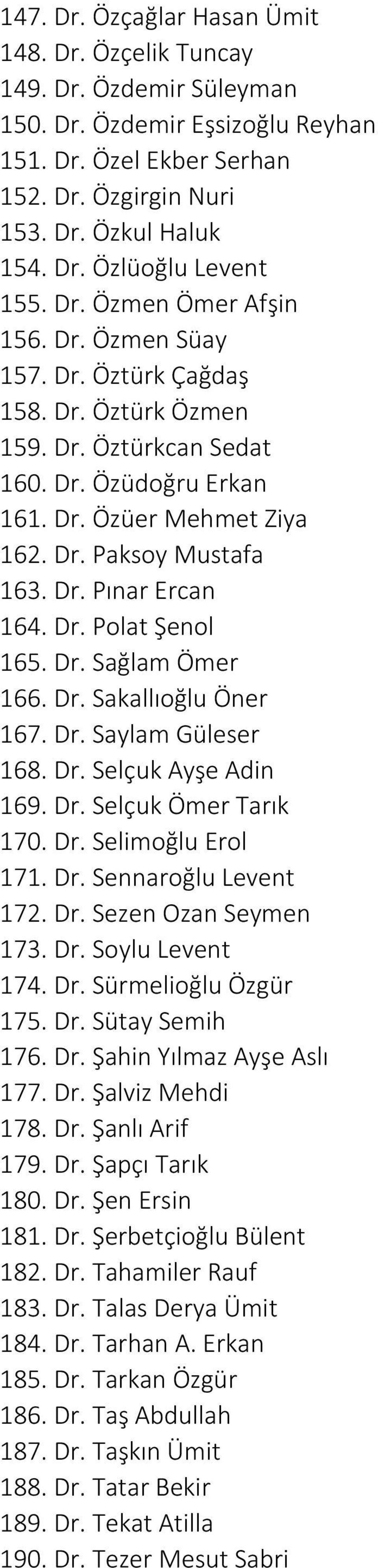 Dr. Polat Şenol 165. Dr. Sağlam Ömer 166. Dr. Sakallıoğlu Öner 167. Dr. Saylam Güleser 168. Dr. Selçuk Ayşe Adin 169. Dr. Selçuk Ömer Tarık 170. Dr. Selimoğlu Erol 171. Dr. Sennaroğlu Levent 172. Dr. Sezen Ozan Seymen 173.