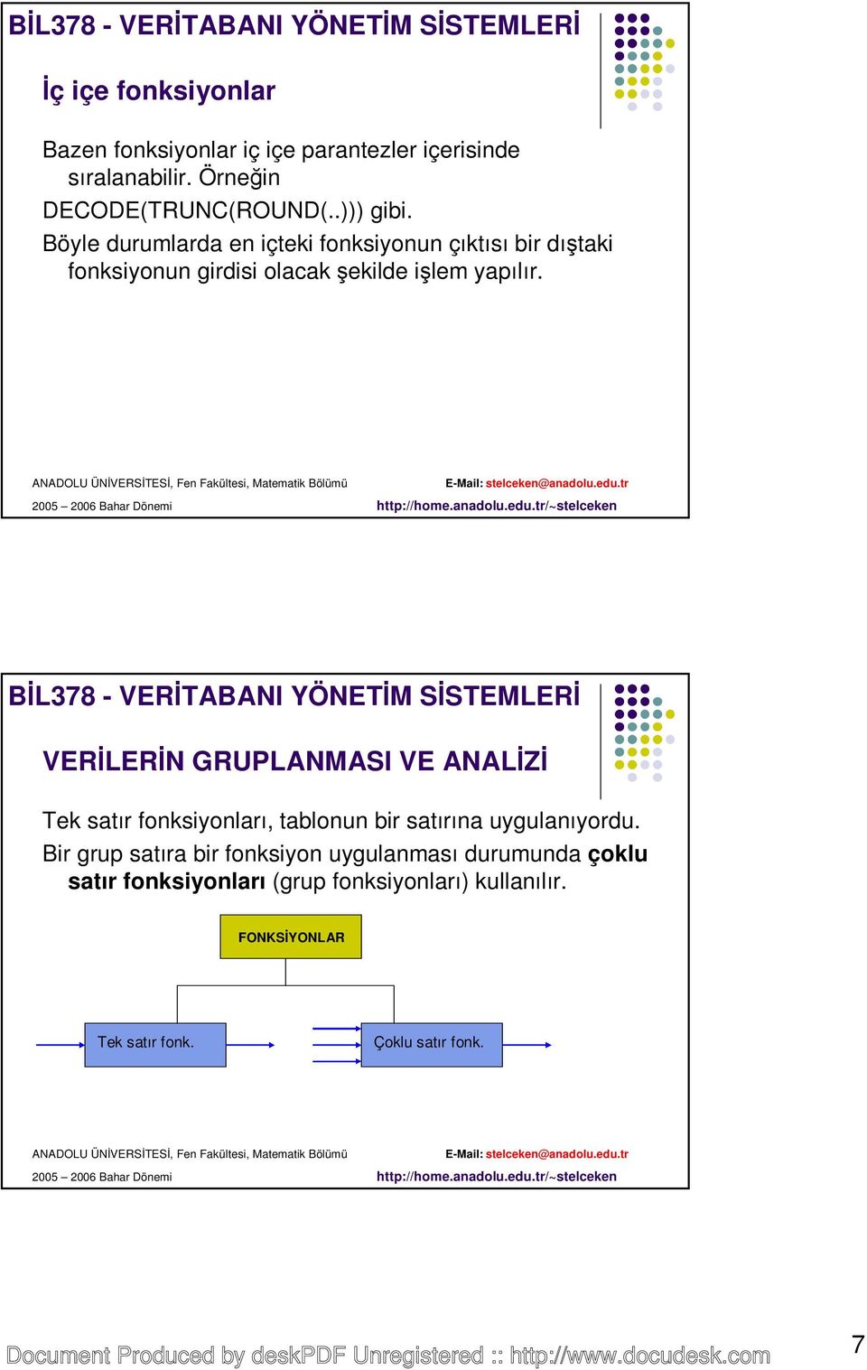 VERĐLERĐN GRUPLANMASI VE ANALĐZĐ Tek satır fonksiyonları, tablonun bir satırına uygulanıyordu.