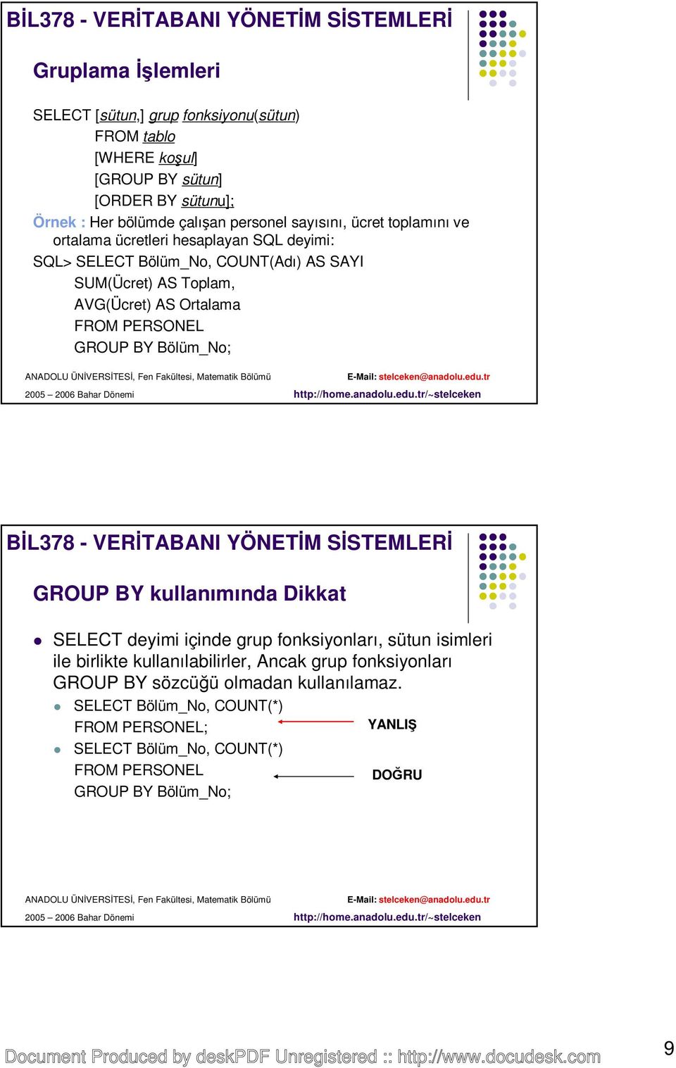 AVG(Ücret) AS Ortalama GROUP BY Bölüm_No; GROUP BY kullanımında Dikkat SELECT deyimi içinde grup fonksiyonları, sütun isimleri ile birlikte