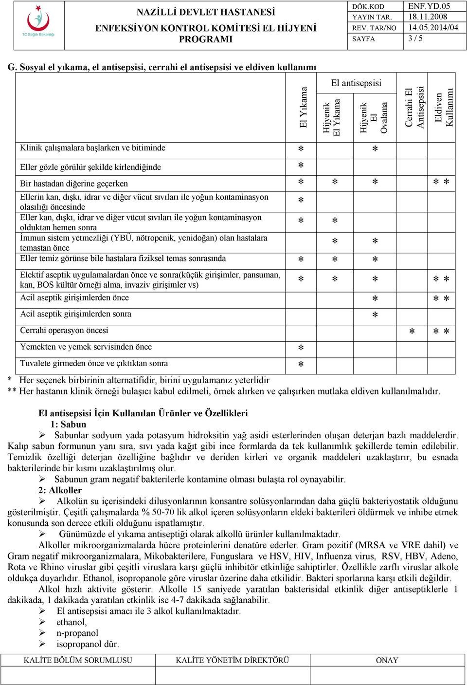 çalışmalara başlarken ve bitiminde Eller gözle görülür şekilde kirlendiğinde Bir hastadan diğerine geçerken Ellerin kan, dışkı, idrar ve diğer vücut sıvıları ile yoğun kontaminasyon olasılığı