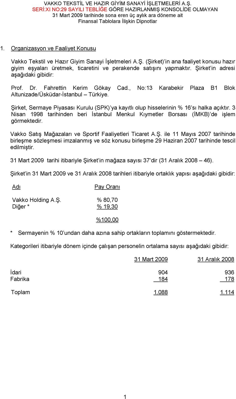 Şirket, Sermaye Piyasası Kurulu (SPK) ya kayıtlı olup hisselerinin % 16 sı halka açıktır. 3 Nisan 1998 tarihinden beri İstanbul Menkul Kıymetler Borsası (İMKB) de işlem görmektedir.