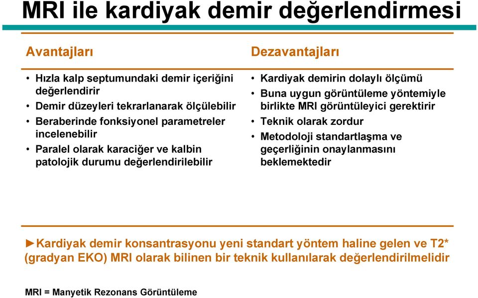 uygun görüntüleme yöntemiyle birlikte MRI görüntüleyici gerektirir Teknik olarak zordur Metodoloji standartlaşma ve geçerliğinin onaylanmasını beklemektedir Kardiyak