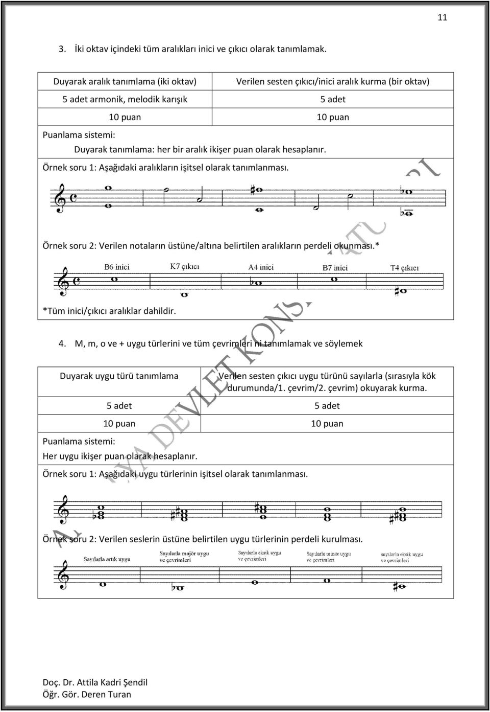 Örnek soru 1: Aşağıdaki aralıkların işitsel olarak tanımlanması. Örnek soru 2: Verilen notaların üstüne/altına belirtilen aralıkların perdeli okunması.* *Tüm inici/çıkıcı aralıklar dahildir. 4.