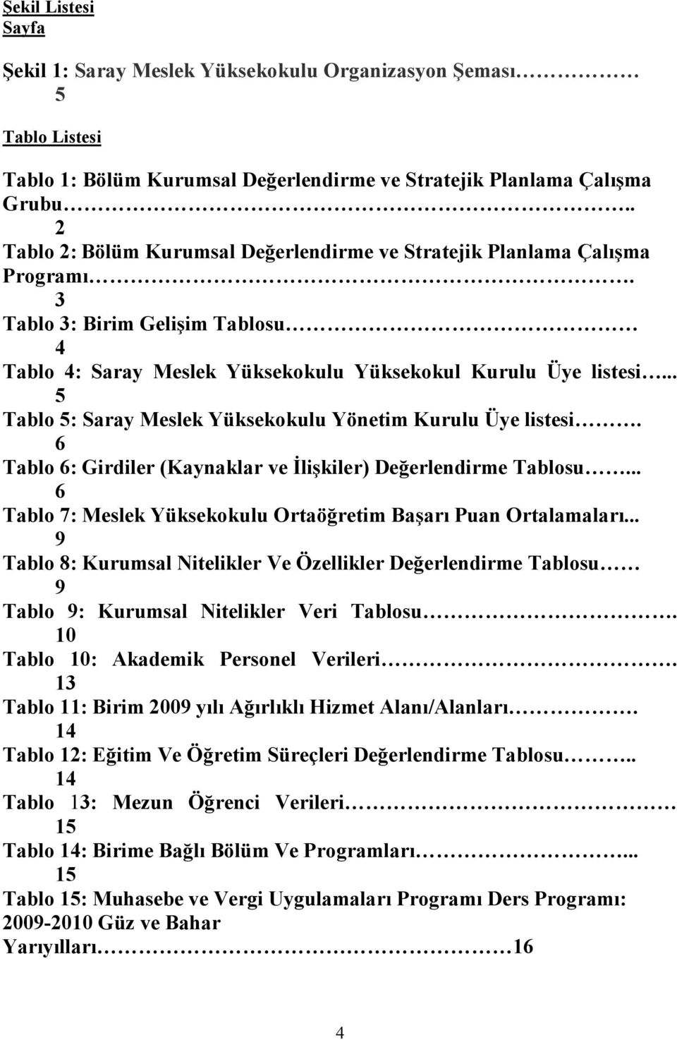 .. 5 Tablo 5: Saray Meslek Yüksekokulu Yönetim Kurulu Üye listesi. 6 Tablo 6: Girdiler (Kaynaklar ve Đlişkiler) Değerlendirme Tablosu.