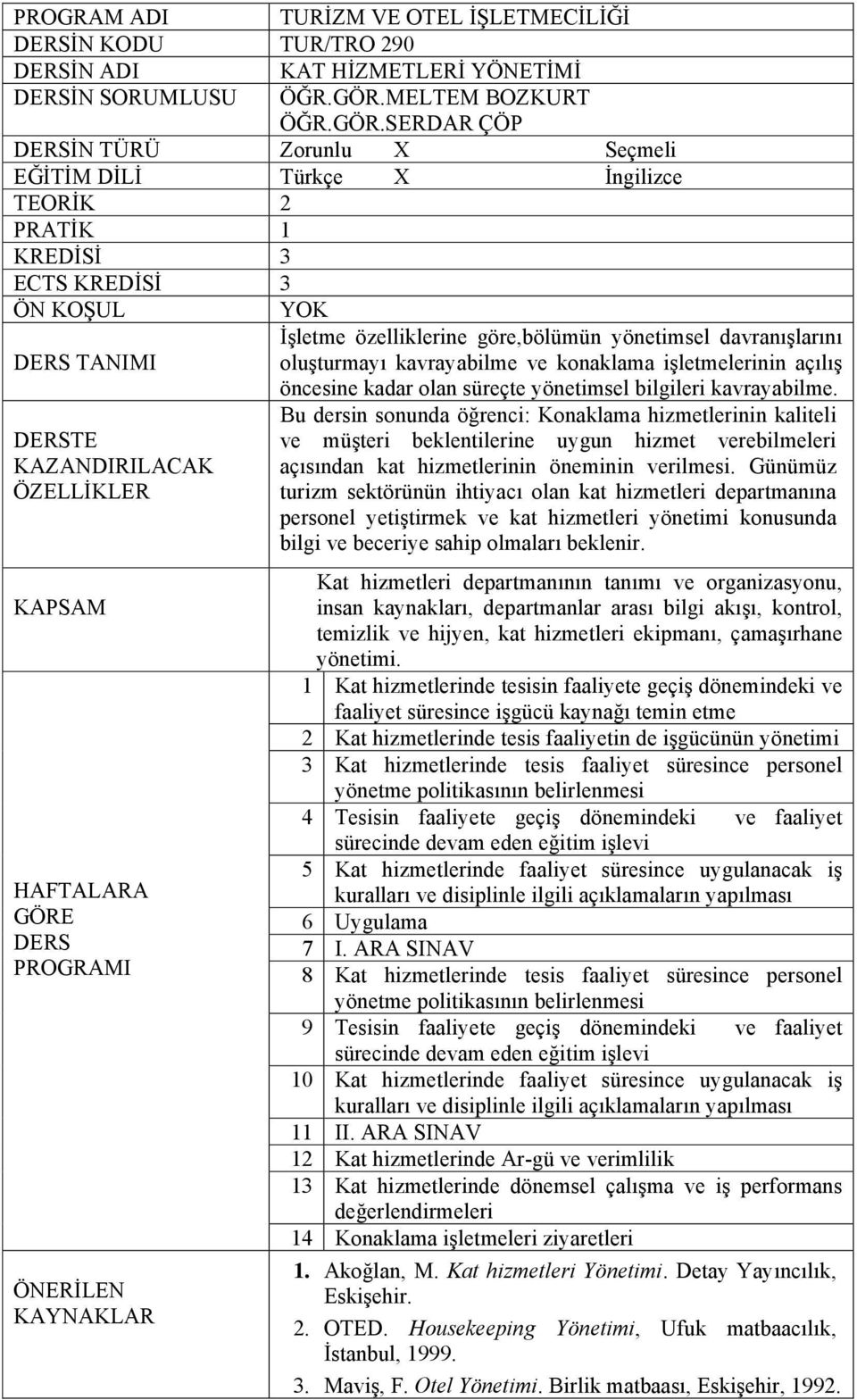 SERDAR ÇÖP DERSİN TÜRÜ Zorunlu X Seçmeli EĞİTİM DİLİ Türkçe X İngilizce TEORİK 2 PRATİK 1 KREDİSİ 3 ECTS KREDİSİ 3 ÖN KOŞUL YOK İşletme özelliklerine göre,bölümün yönetimsel davranışlarını DERS