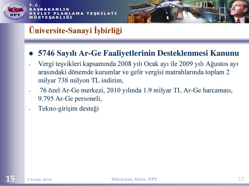 gelir vergisi matrahlarında toplam 2 milyar 738 milyon TL indirim, - 76 özel Ar-Ge merkezi, 2010