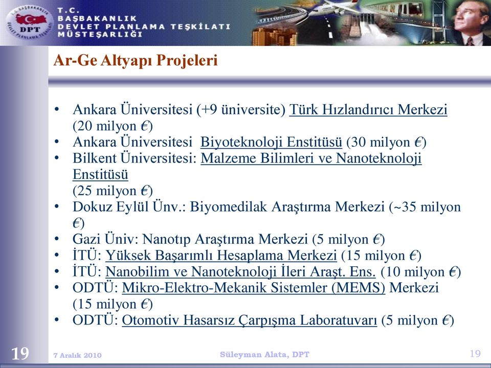 : Biyomedilak Araştırma Merkezi (~35 milyon ) Gazi Üniv: Nanotıp Araştırma Merkezi (5 milyon ) İTÜ: Yüksek Başarımlı Hesaplama Merkezi (15 milyon ) İTÜ: