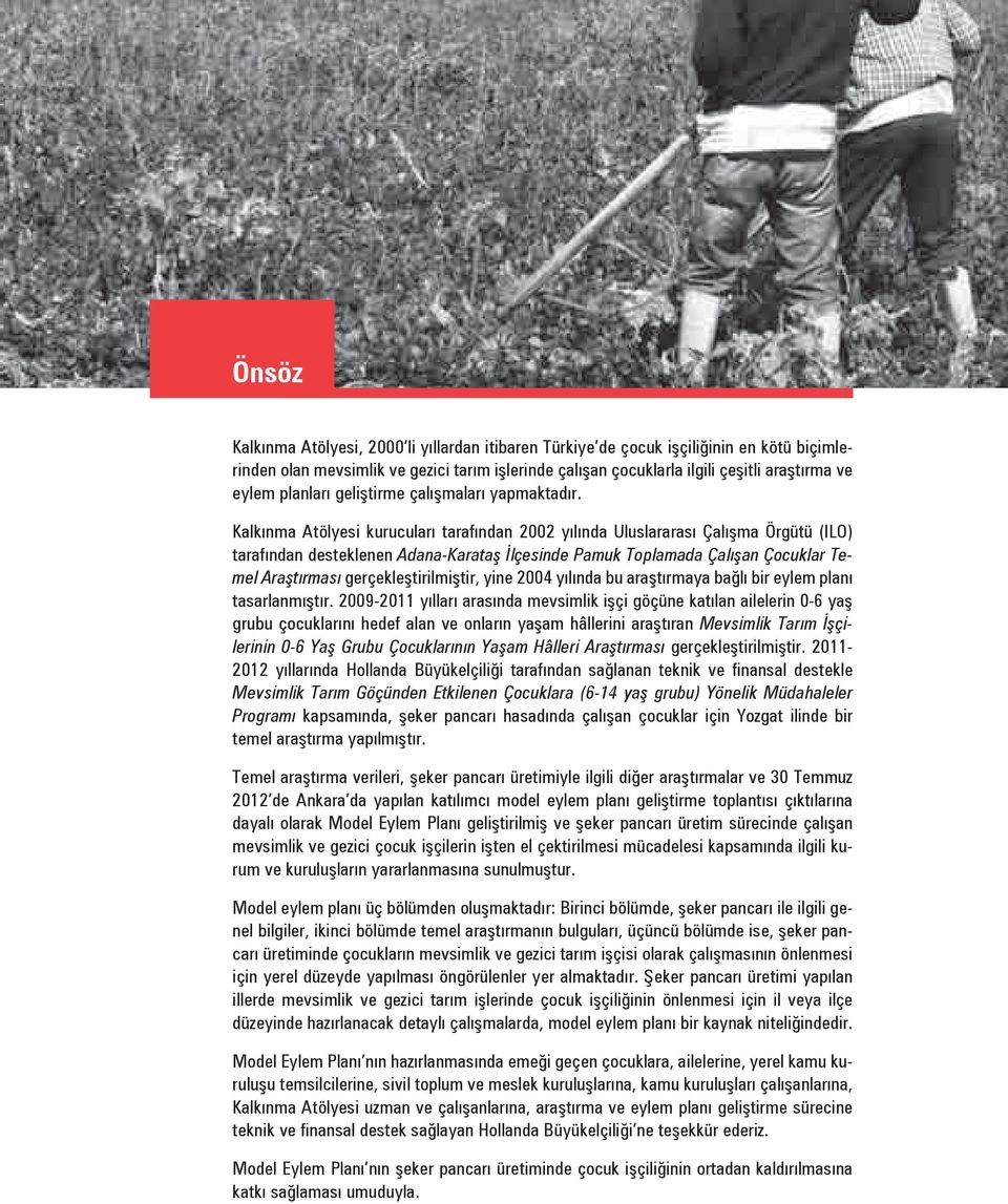 Kalkınma Atölyesi kurucuları tarafından 2002 yılında Uluslararası Çalışma Örgütü (ILO) tarafından desteklenen Adana-Karataş İlçesinde Pamuk Toplamada Çalışan Çocuklar Temel Araştırması