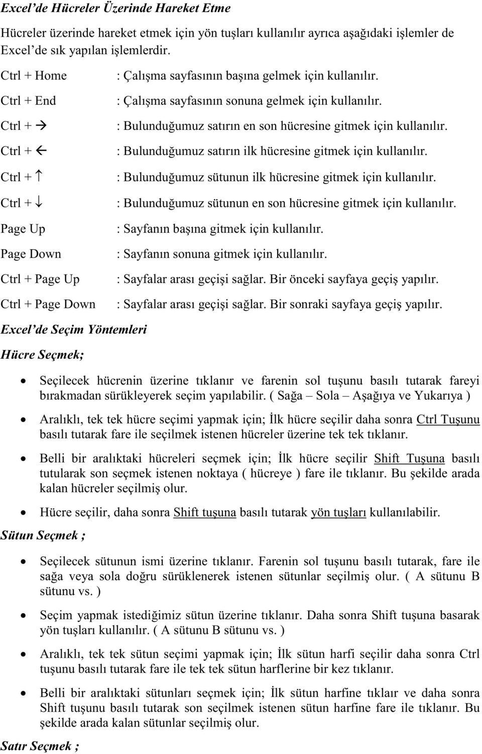 : Çalışma sayfasının sonuna gelmek için kullanılır. : Bulunduğumuz satırın en son hücresine gitmek için kullanılır. : Bulunduğumuz satırın ilk hücresine gitmek için kullanılır.