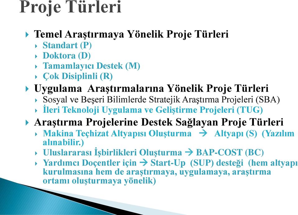 Projelerine Destek Sağlayan Proje Türleri Makina Teçhizat Altyapısı Oluşturma Altyapı (S) (Yazılım alınabilir.