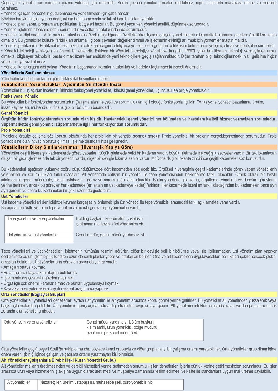 Yönetici plan yapar, programları, politikaları, bütçeleri hazırlar. Bu görevi yaparken yönetici analitik düģünmek zorundadır.