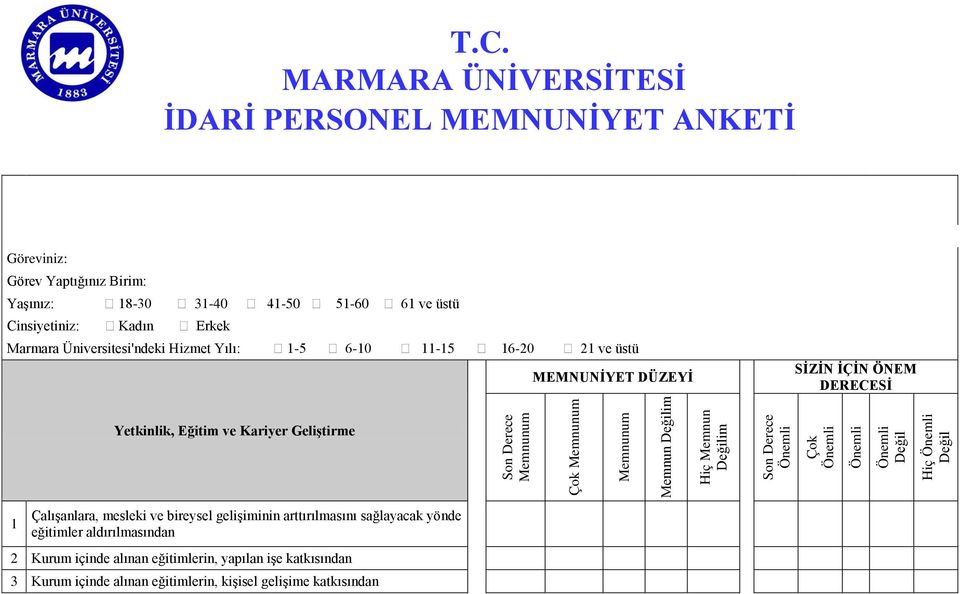 üstü Cinsiyetiniz: Kadın Erkek Marmara Üniversitesi'ndeki Hizmet Yılı: -5 6-0 -5 6-20 2 ve üstü Yetkinlik, Eğitim ve Kariyer