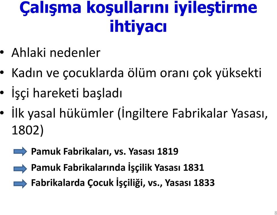 (İngiltere Fabrikalar Yasası, 1802) Pamuk Fabrikaları, vs.