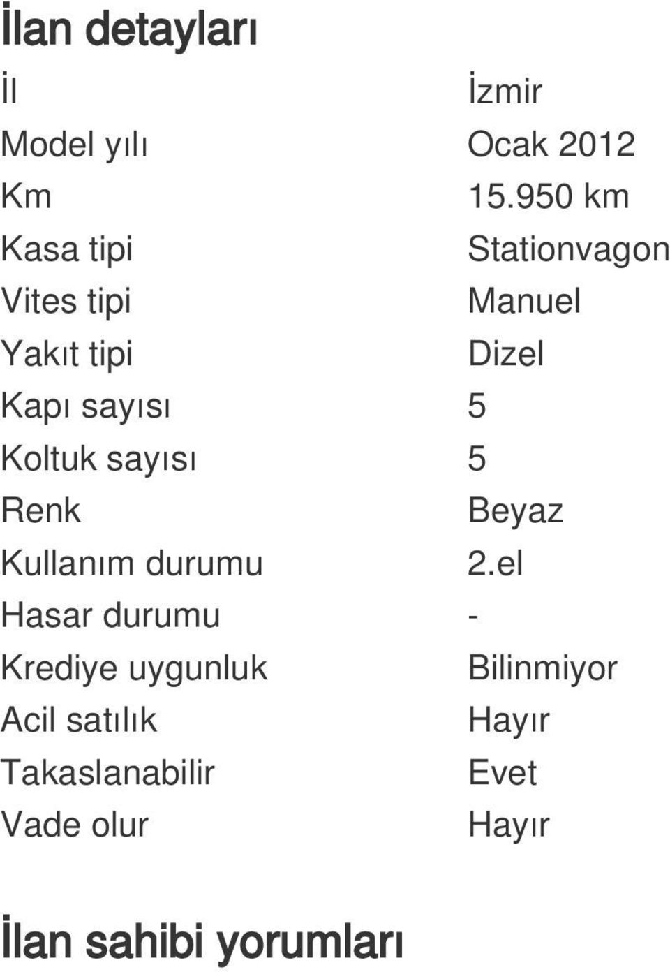 sayısı 5 Koltuk sayısı 5 Renk Beyaz Kullanım durumu 2.