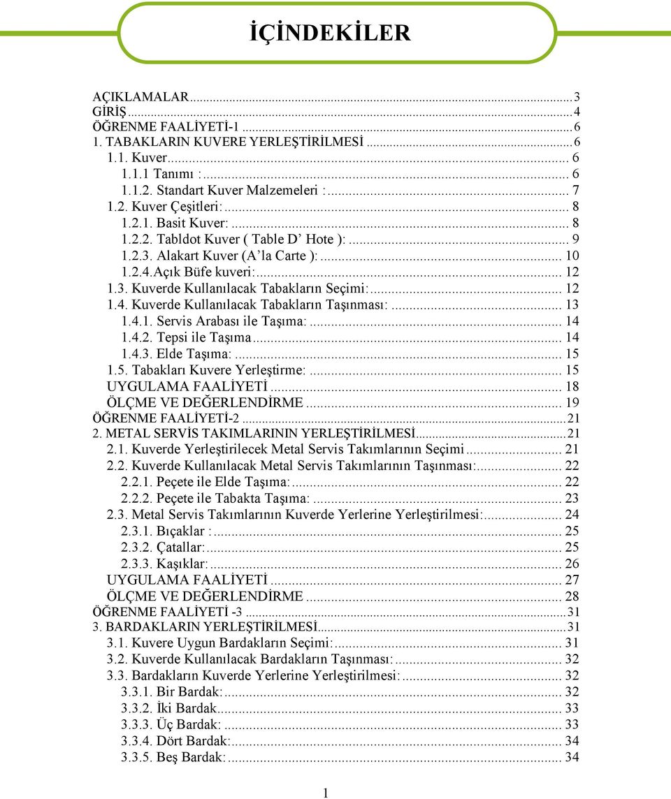 .. 13 1.4.1. Servis Arabası ile Taşıma:... 14 1.4.2. Tepsi ile Taşıma... 14 1.4.3. Elde Taşıma:... 15 1.5. Tabakları Kuvere Yerleştirme:... 15 UYGULAMA FAALİYETİ... 18 ÖLÇME VE DEĞERLENDİRME.