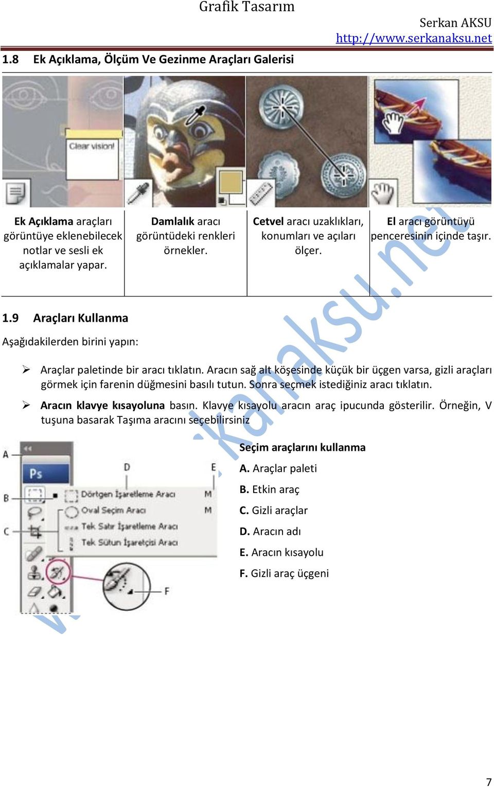 Aracın sağ alt köşesinde küçük bir üçgen varsa, gizli araçları görmek için farenin düğmesini basılı tutun. Sonra seçmek istediğiniz aracı tıklatın. Aracın klavye kısayoluna basın.