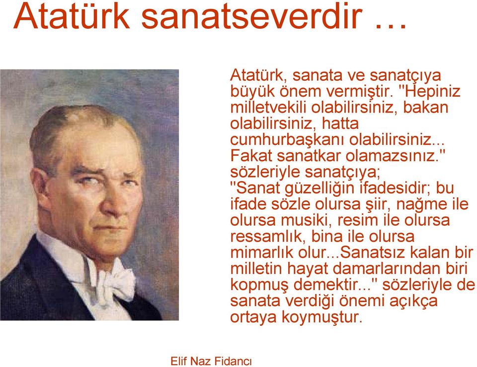 " sözleriyle sanatçıya; "Sanat güzelliğin ifadesidir; bu ifade sözle olursa şiir, nağme ile olursa musiki, resim ile olursa