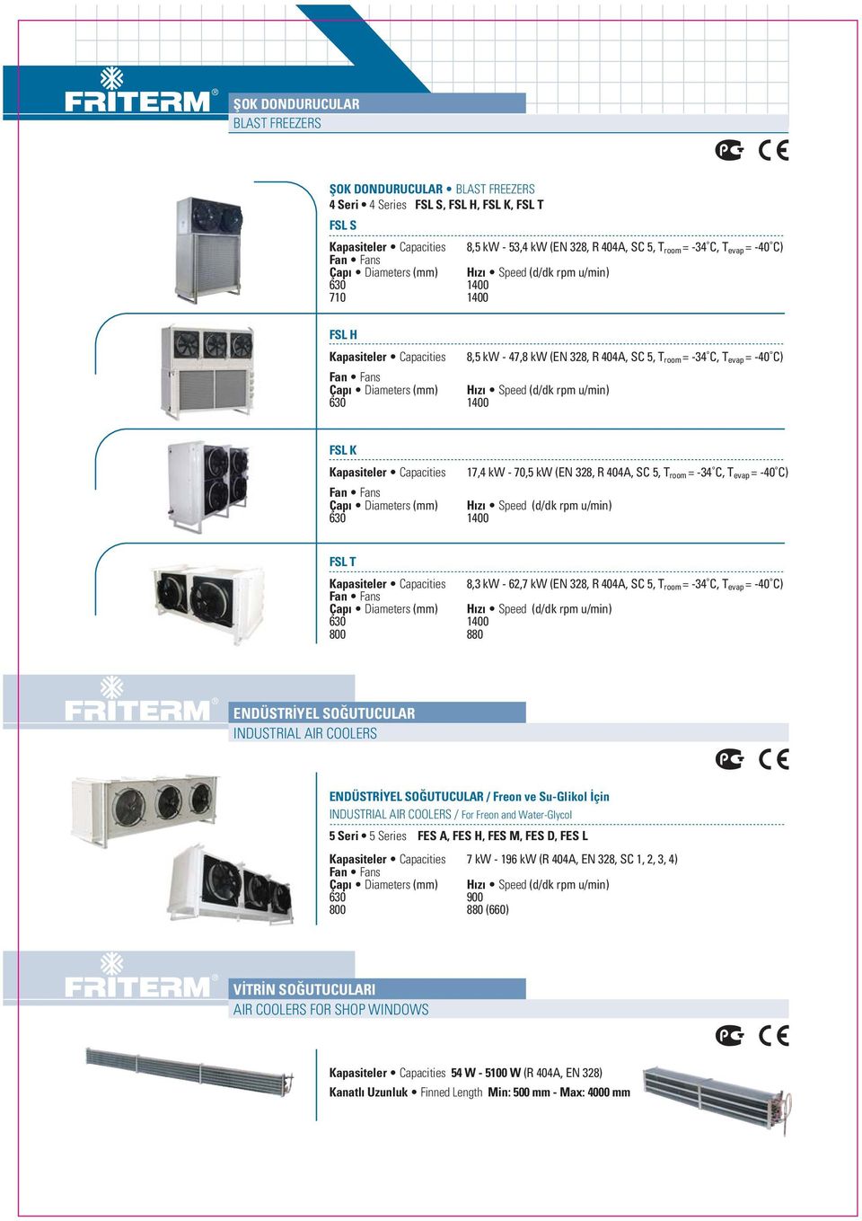 404A, SC 5, T room = -34 C, T evap = -40 C) 630 1400 FSL T Kapasiteler Capacities 8,3 kw - 62,7 kw (EN 328, R 404A, SC 5, T room = -34 C, T evap = -40 C) 630 1400 800 880 ENDÜSTR YEL SO UTUCULAR