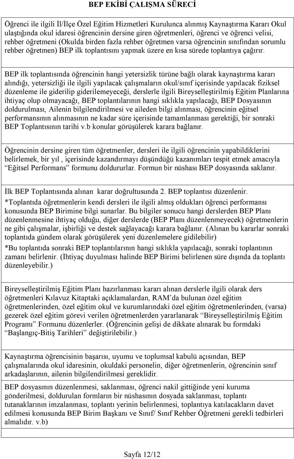 BEP ilk toplantısında öğrencinin hangi yetersizlik türüne bağlı olarak kaynaştırma kararı alındığı, yetersizliği ile ilgili yapılacak çalışmaların okul/sınıf içerisinde yapılacak fiziksel düzenleme