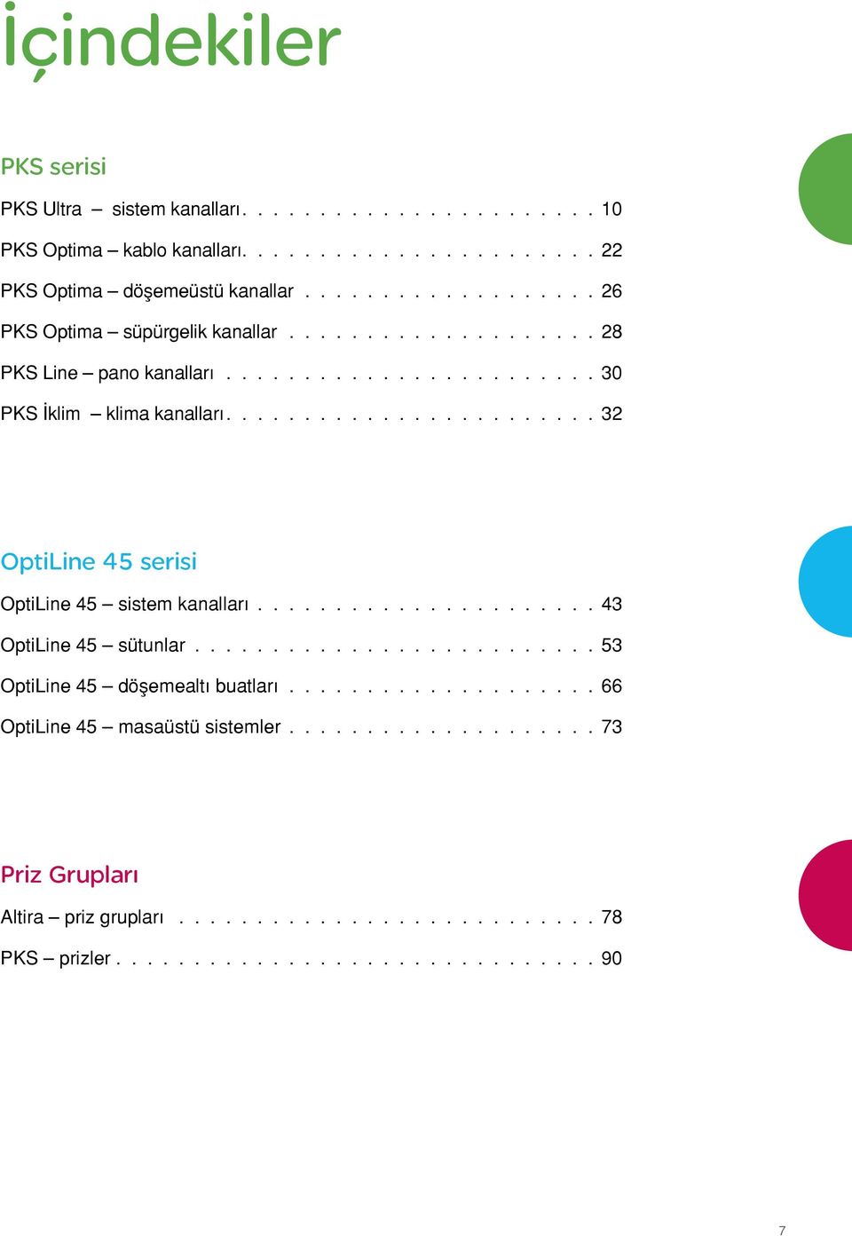 ....................... 32 OptiLine 45 serisi OptiLine 45 sistem kanalları...................... 43 OptiLine 45 sütunlar.......................... 53 OptiLine 45 döşemealtı buatları.