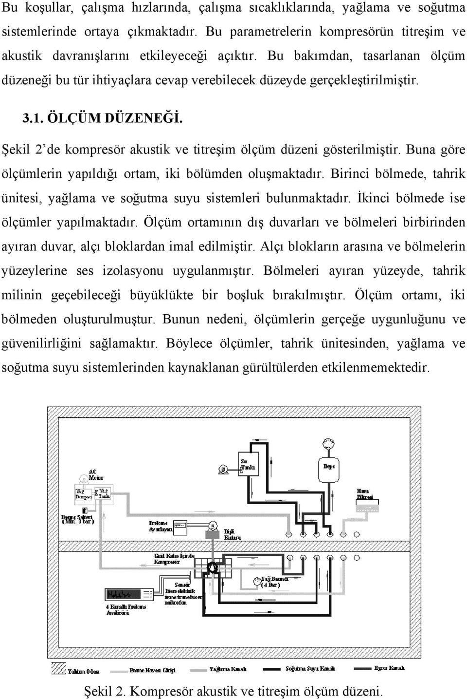 Buna göre ölçümlerin yapıldığı ortam, iki bölümden oluşmaktadır. Birinci bölmede, tahrik ünitesi, yağlama ve soğutma suyu sistemleri bulunmaktadır. İkinci bölmede ise ölçümler yapılmaktadır.