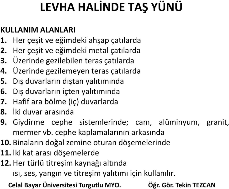 Dış duvarların içten yalıtımında 7. Hafif ara bölme (iç) duvarlarda 8. İki duvar arasında 9.