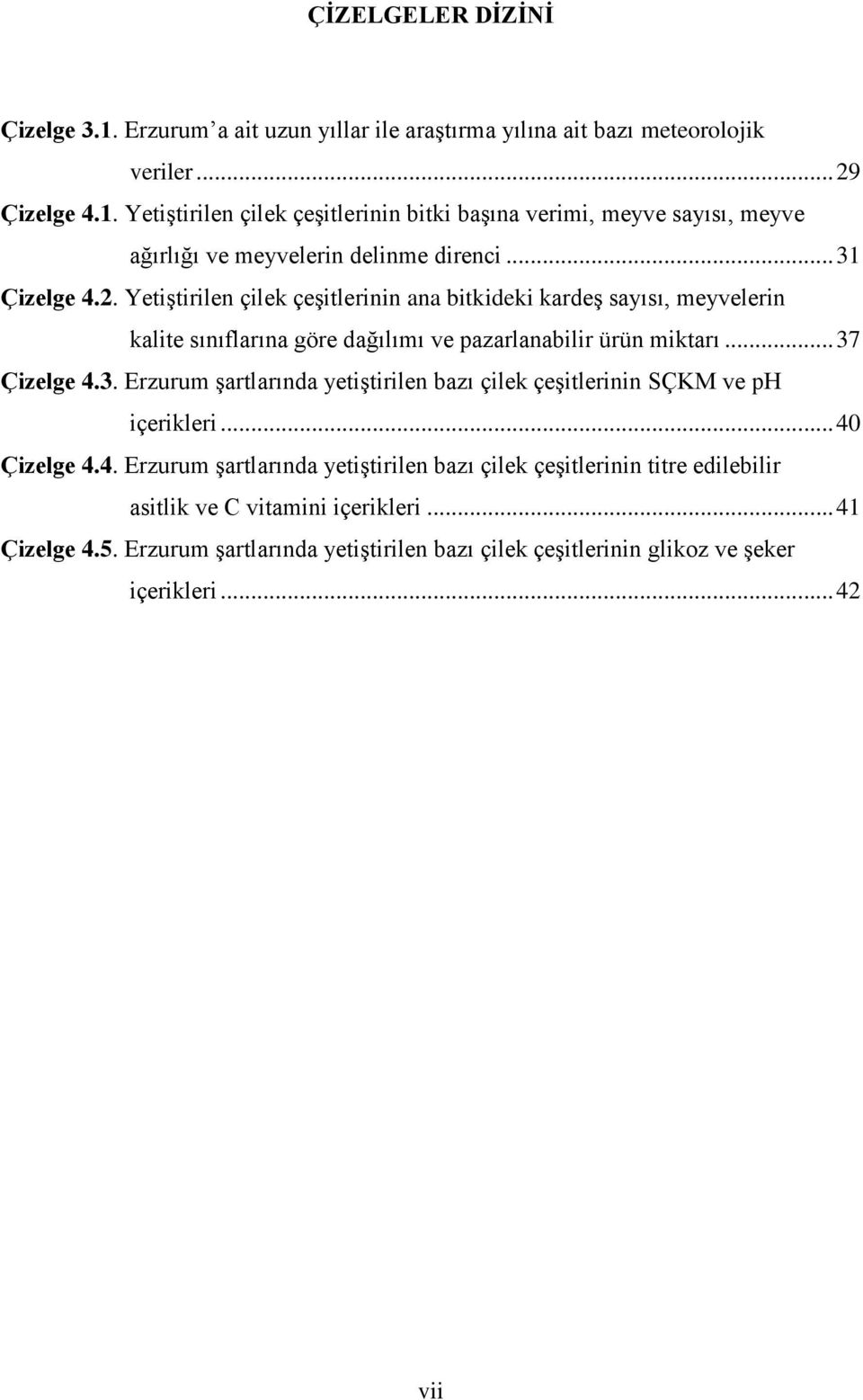 .. 40 Çizelge 4.4. Erzurum şartlarında yetiştirilen bazı çilek çeşitlerinin titre edilebilir asitlik ve C vitamini içerikleri... 41 Çizelge 4.5.