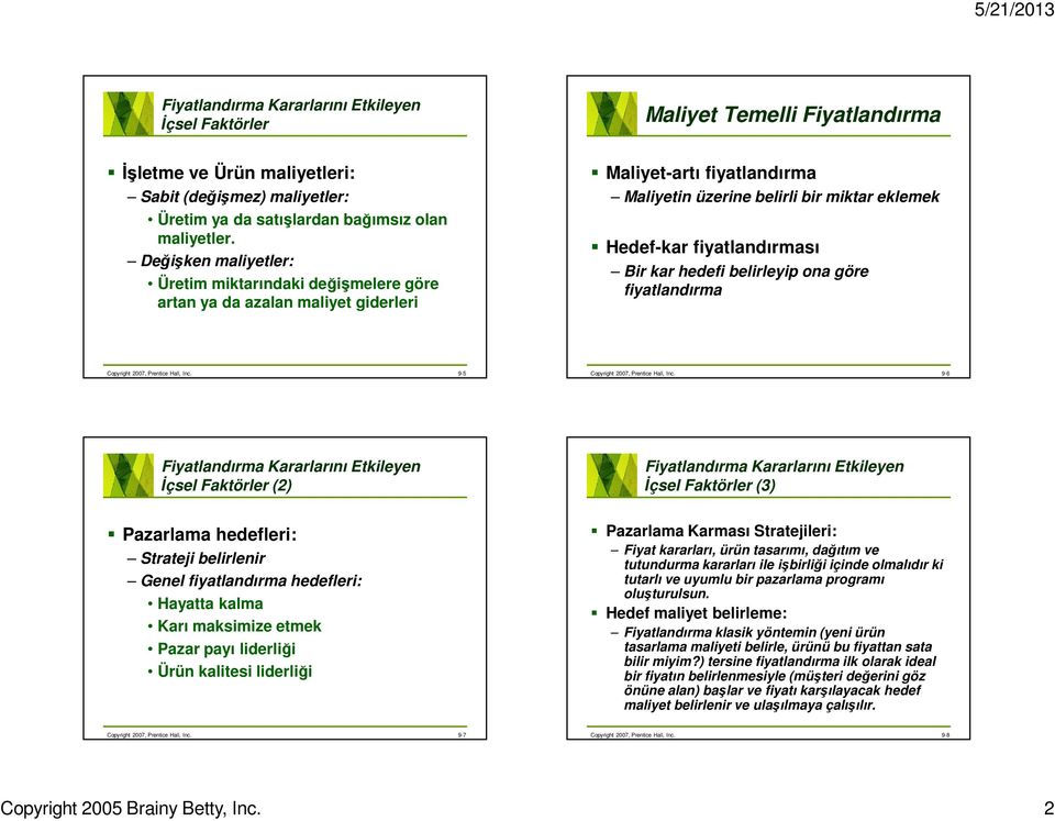 kar hedefi belirleyip ona göre fiyatlandırma Copyright 2007, Prentice Hall, Inc. 9-5 Copyright 2007, Prentice Hall, Inc.