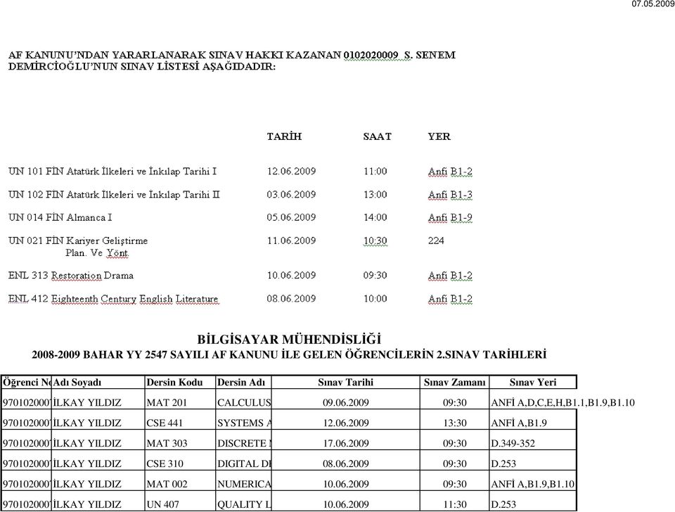 2009 09:30 ANFİ A,D,C,E,H,B1.1,B1.9,B1.10 9701020007İLKAY YILDIZ CSE 441 SYSTEMS ANALYSIS&DESIGN 12.06.2009 13:30 ANFİ A,B1.