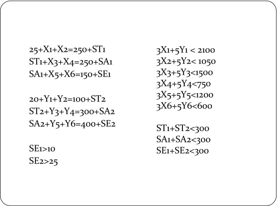 20+Y1+Y2=100+ST2 3X5+5Y5<1200 3X6+5Y6<600 6 ST2+Y3+Y4=300+SA2