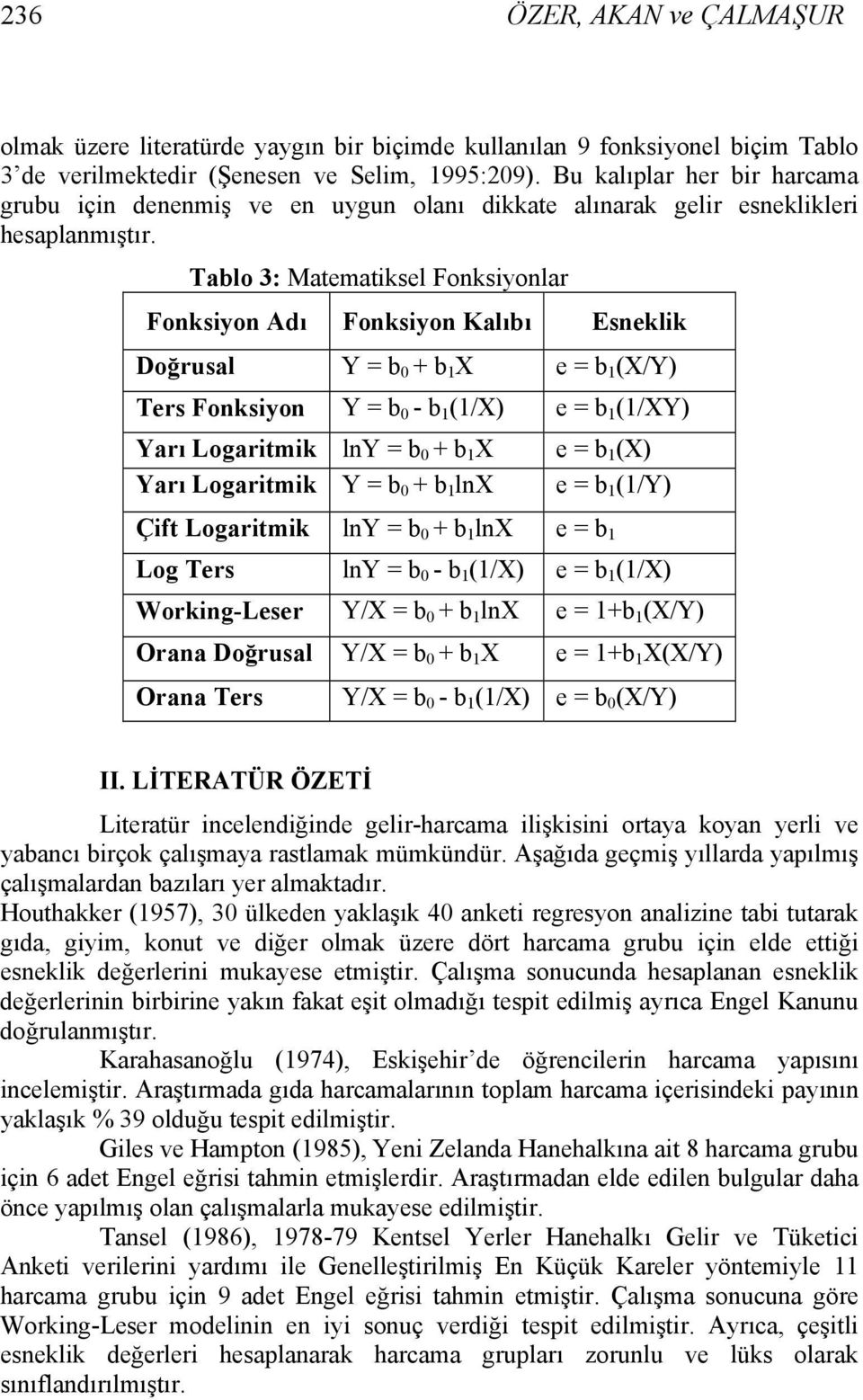 Tablo 3: Matematiksel Fonksiyonlar Fonksiyon Adı Fonksiyon Kalıbı Esneklik Doğrusal Y = b 0 + b 1 X e = b 1 (X/Y) Ters Fonksiyon Y = b 0 - b 1 (1/X) e = b 1 (1/XY) Yarı Logaritmik lny = b 0 + b 1 X e