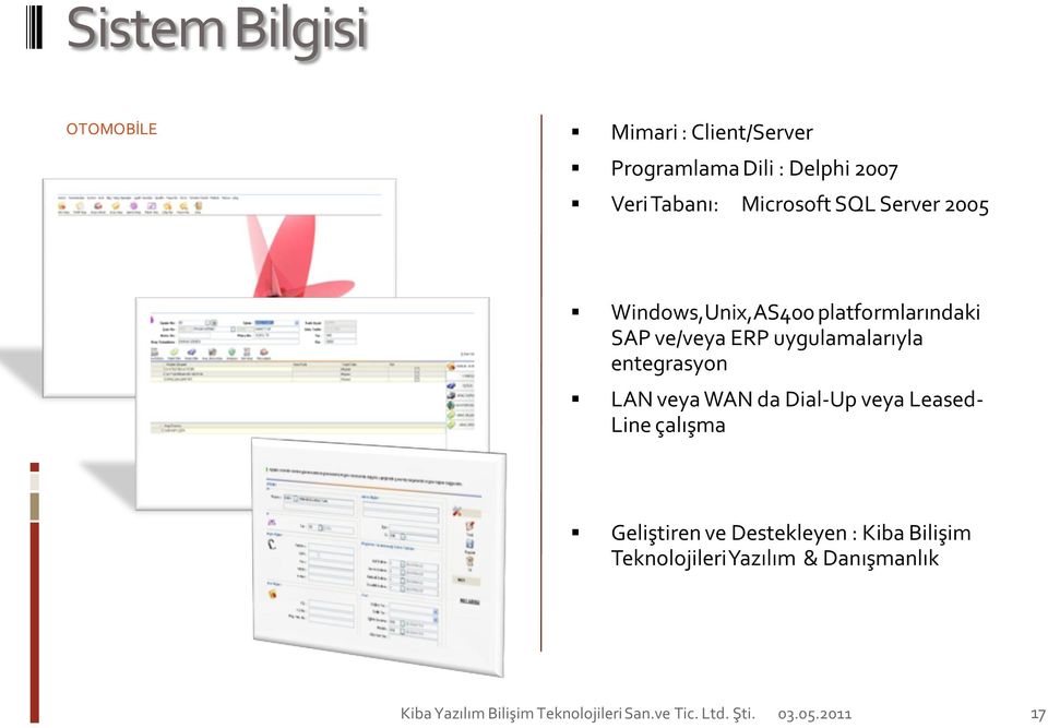 ve/veya ERP uygulamalarıyla entegrasyon LAN veya WAN da Dial-Up veya Leased- Line