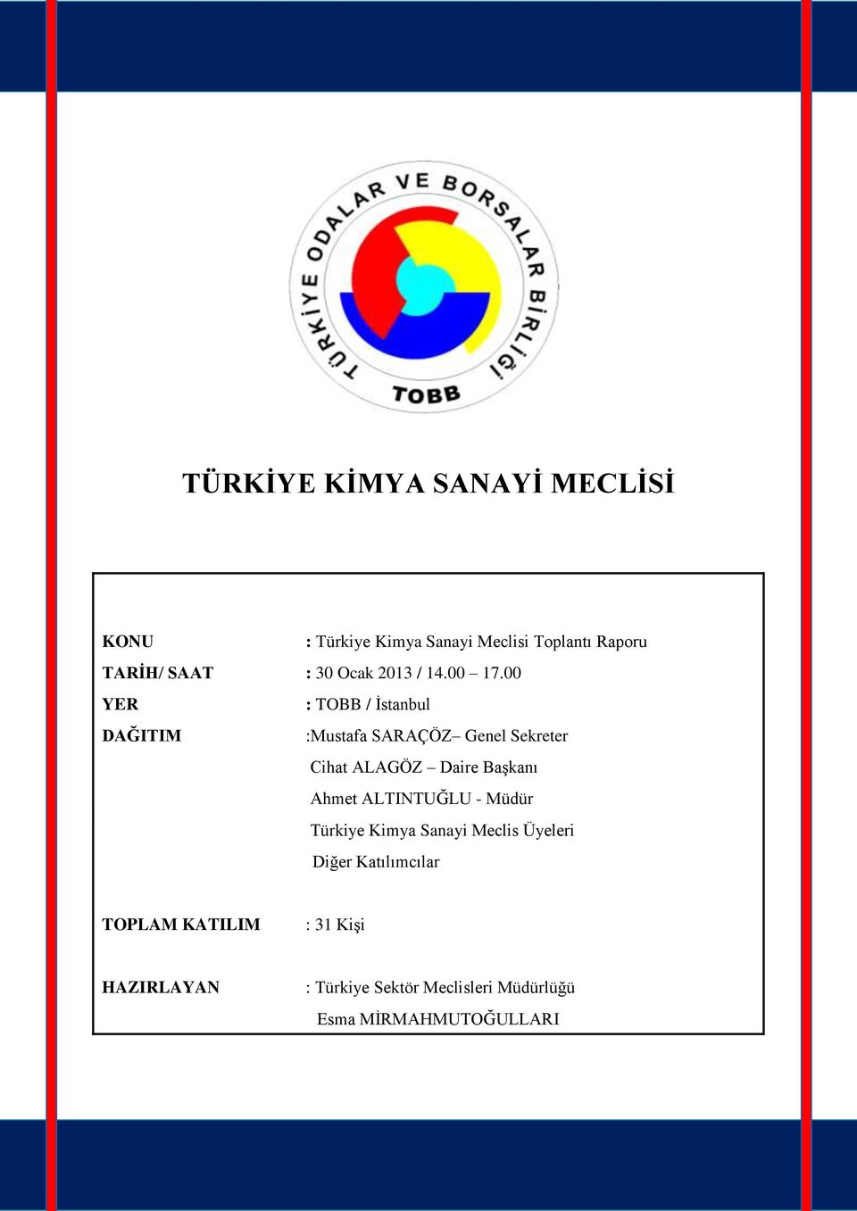 00 YER : TOBB / İstanbul DAĞITIM :Mustafa SARAÇÖZ Genel Sekreter Cihat ALAGÖZ Daire Başkanı