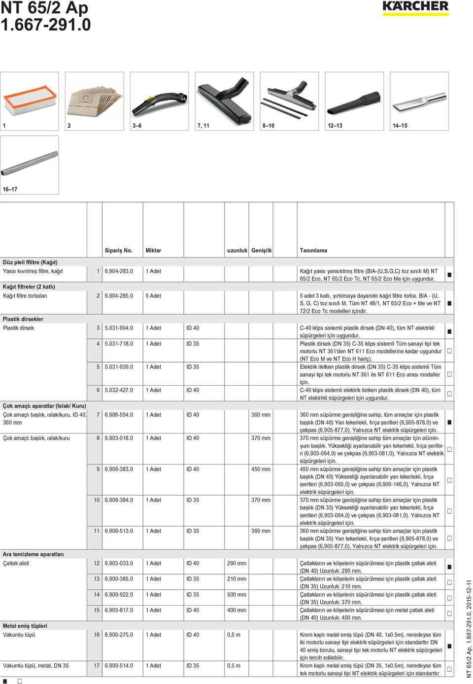 0 5 Adet 5 adet 3 katlı, yırtılmaya dayanıklı kağıt filtre torba. BIA - (U, S, G, C) toz sınıfı M. Tüm NT 48/1, NT 65/2 Eco + Me ve NT 72/2 Eco Tc modelleri içindir.