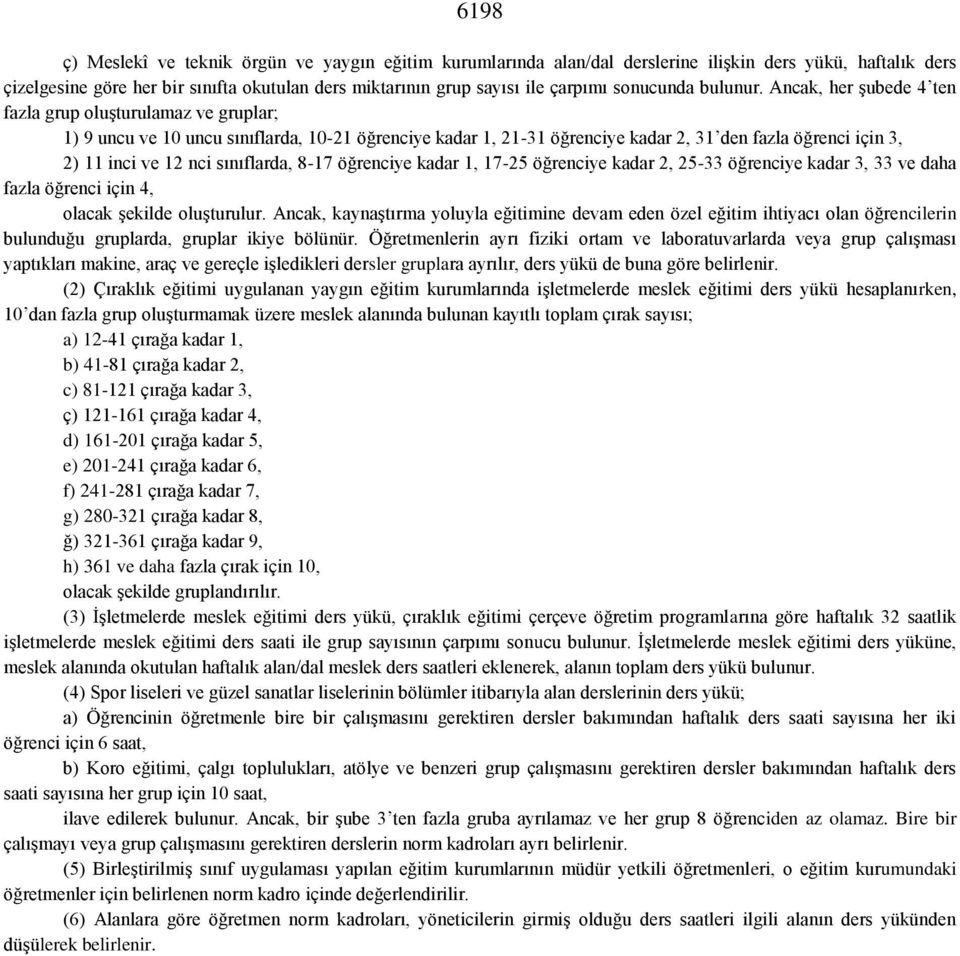 Ancak, her şubede 4 ten fazla grup oluşturulamaz ve gruplar; 1) 9 uncu ve 10 uncu sınıflarda, 10-21 öğrenciye kadar 1, 21-31 öğrenciye kadar 2, 31 den fazla öğrenci için 3, 2) 11 inci ve 12 nci