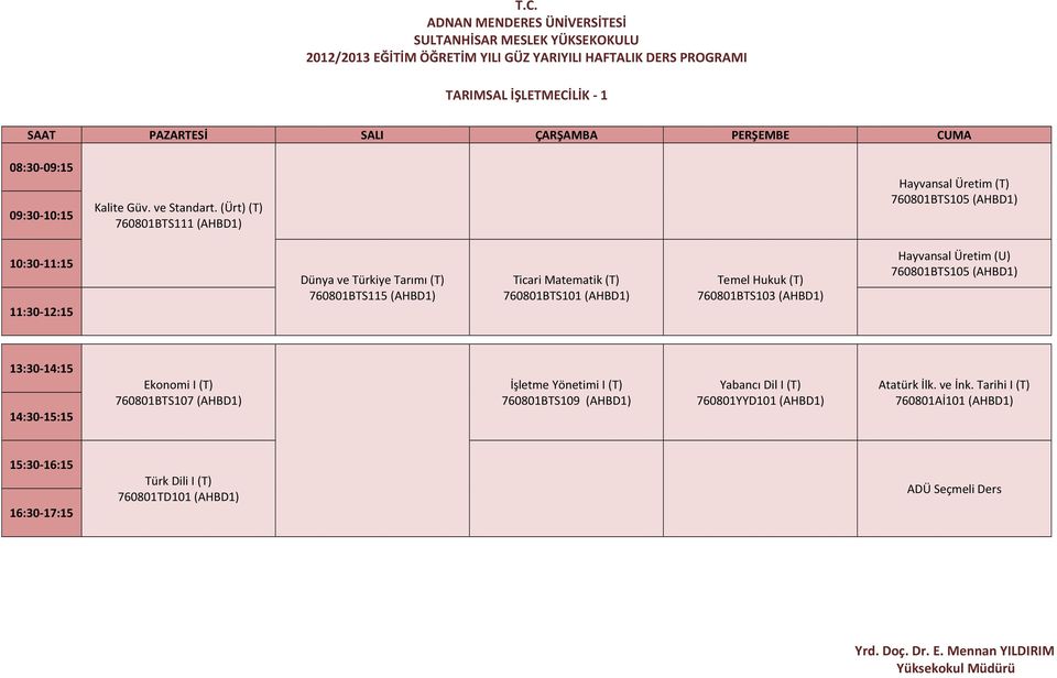 Ticari Matematik (T) 760801BTS101 (AHBD1) Temel Hukuk (T) 760801BTS103 (AHBD1) Hayvansal Üretim (U) 760801BTS105 (AHBD1)