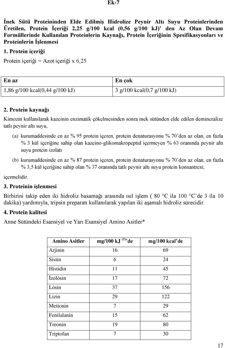 Protein kaynağı Kimozin kullanılarak kazeinin enzimatik çökelmesinden sonra inek sütünden elde edilen demineralize tatlı peynir altı suyu, (a) kurumaddesinde en az % 95 protein içeren, protein