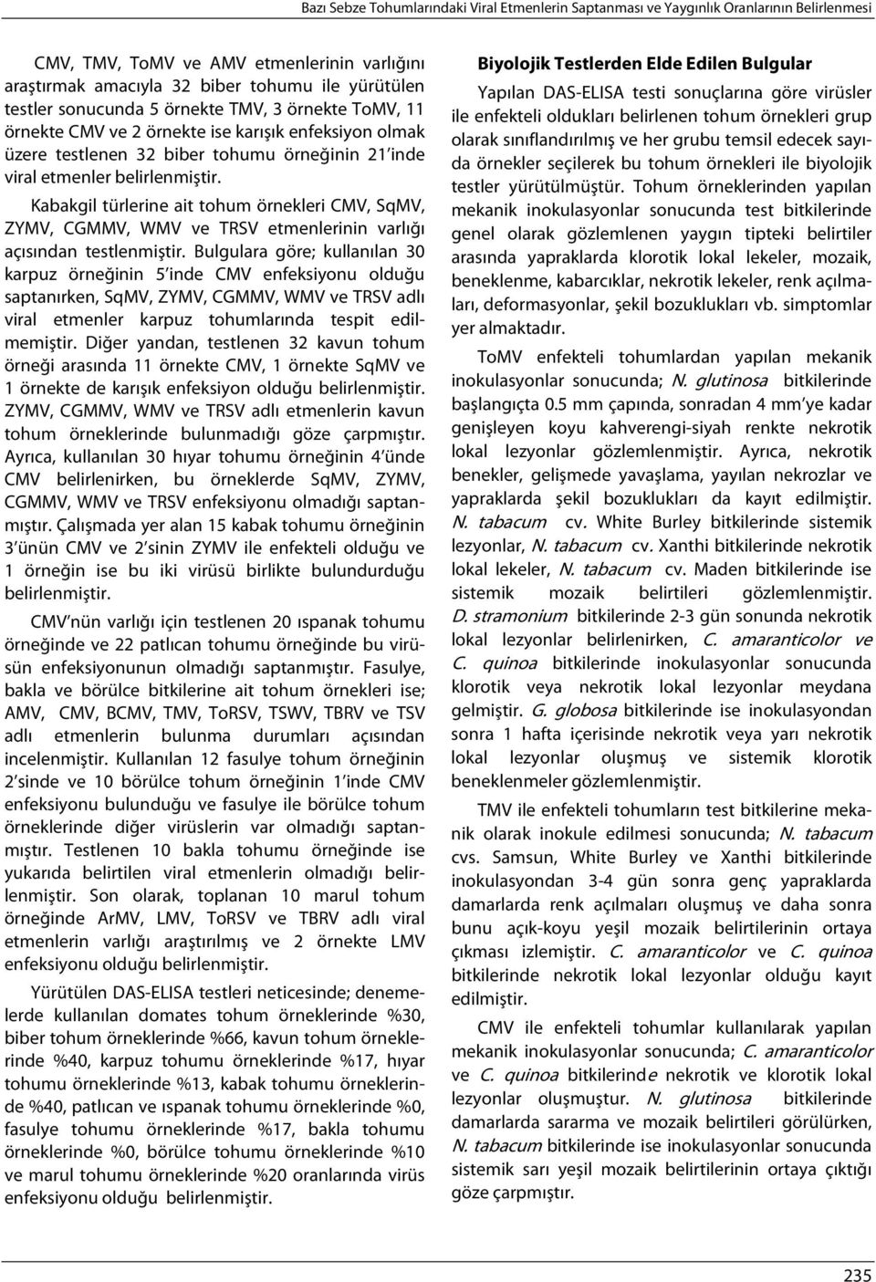 Kabakgil türlerine ait tohum örnekleri CMV, SqMV, ZYMV, CGMMV, WMV ve TRSV etmenlerinin varlığı açısından testlenmiştir.