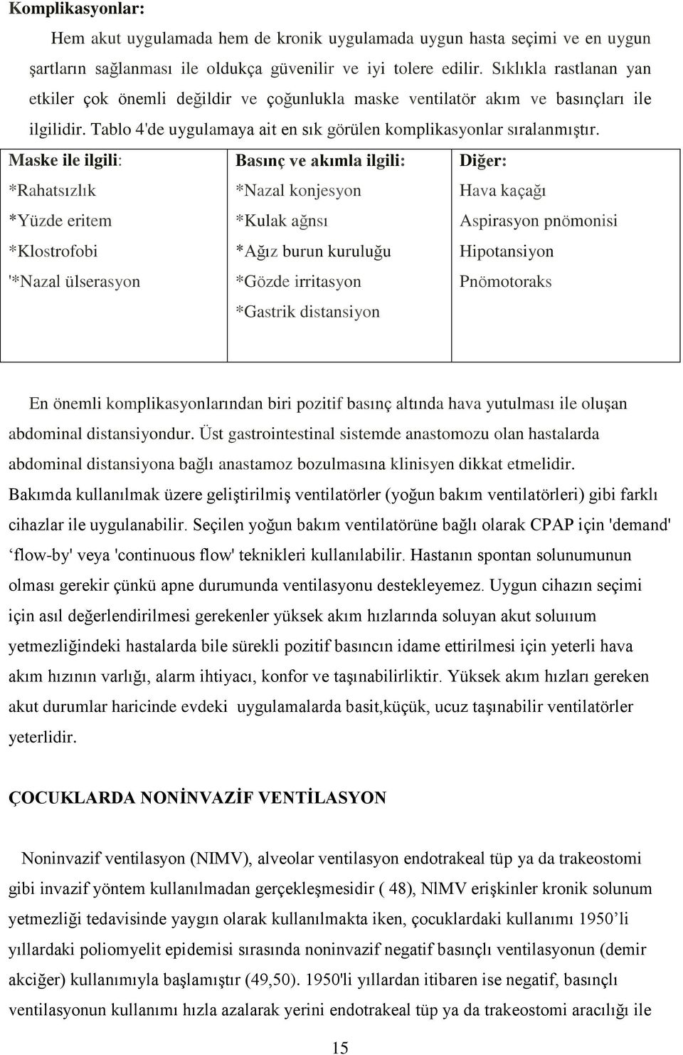 Maske ile ilgili: *Rahatsızlık *Yüzde eritem *Klostrofobi '*Nazal ülserasyon Basınç ve akımla ilgili: *Nazal konjesyon *Kulak ağnsı *Ağız burun kuruluğu *Gözde irritasyon *Gastrik distansiyon Diğer: