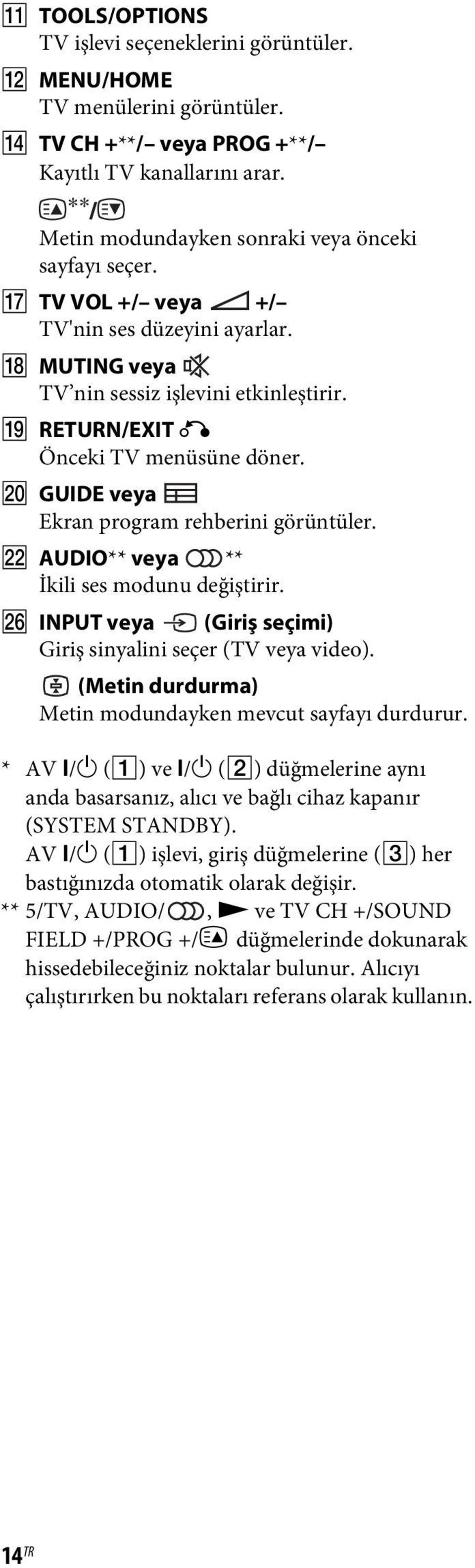 V AUDIO** veya ** İkili ses modunu değiştirir. Z INPUT veya (Giriş seçimi) Giriş sinyalini seçer (TV veya video). (Metin durdurma) Metin modundayken mevcut sayfayı durdurur. * AV?/1 (A) ve?