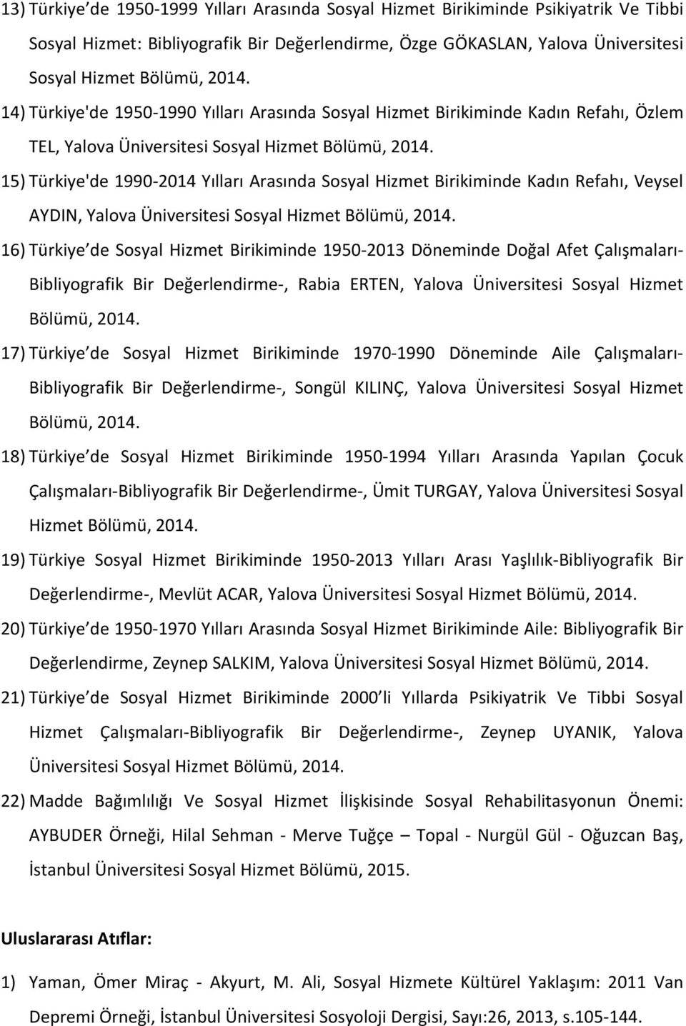 15) Türkiye'de 1990-2014 Yılları Arasında Sosyal Hizmet Birikiminde Kadın Refahı, Veysel AYDIN, Yalova Üniversitesi Sosyal Hizmet Bölümü, 2014.