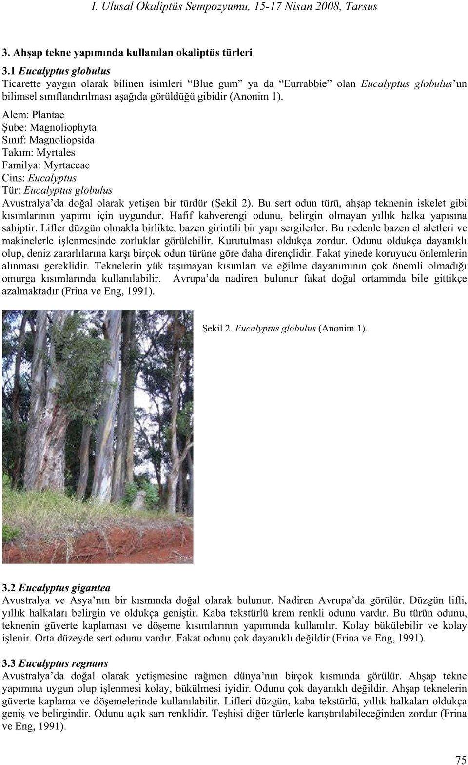 Alem: Plantae ube: Magnoliophyta S n f: Magnoliopsida Tak m: Myrtales Familya: Myrtaceae Cins: Eucalyptus Tür: Eucalyptus globulus Avustralya da do al olarak yeti en bir türdür ( ekil 2).